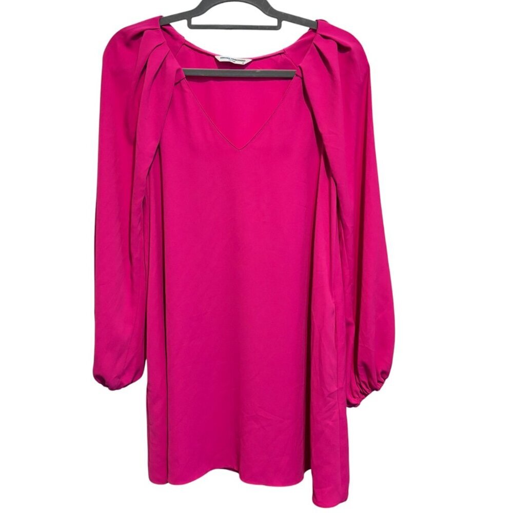 Amanda Uprichard Bright Pink Pleated Sleeves V Neck Shift Mini Dress